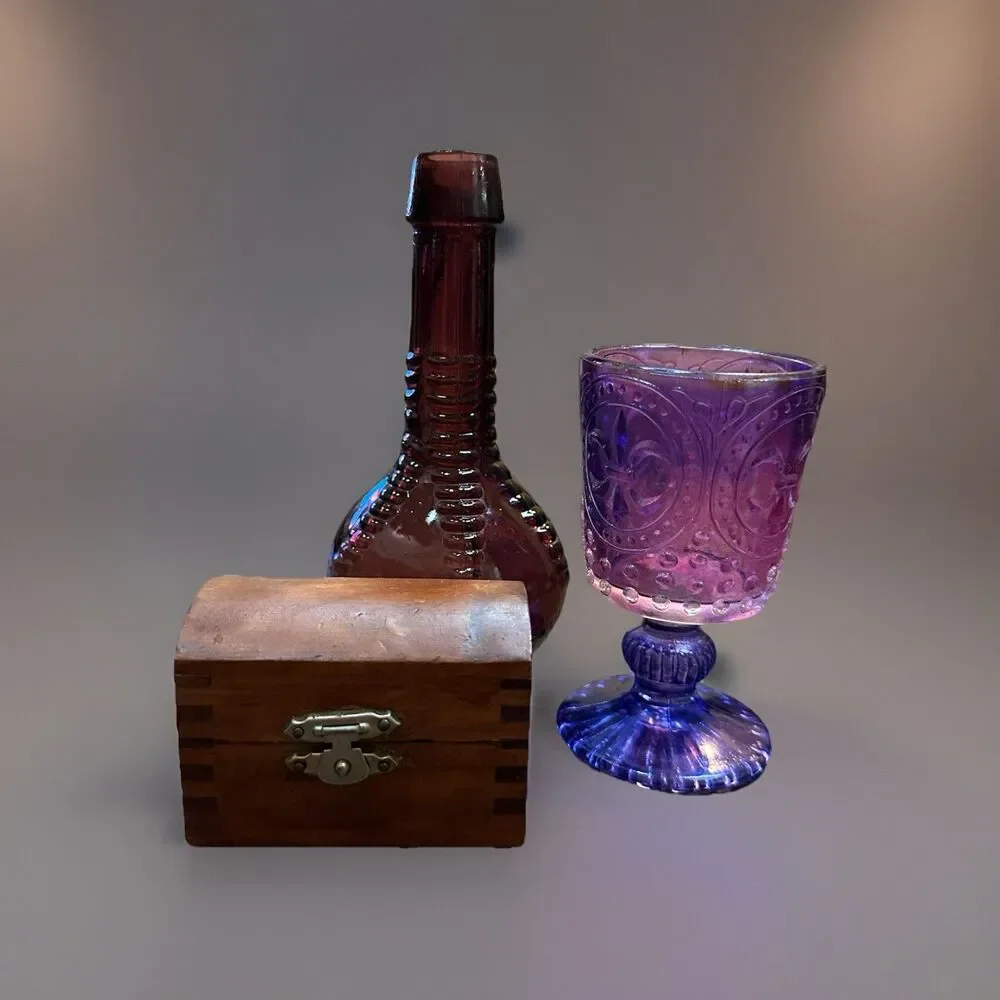 Witchy Decor Bundle – Ball & Claw Bitters Bottle, Purple Goblet & Treasure Chest